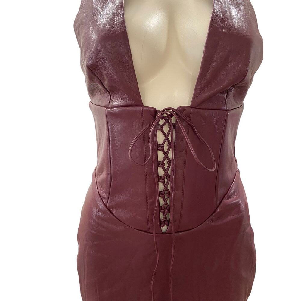 House of CB Jaquetta Vegan Leather Halter Midi Dress Wine Medium NW - Picture 4 of 8
